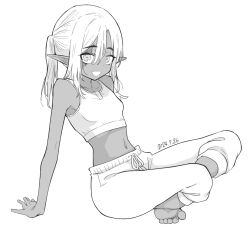 1girl barefoot breasts crop_top dark-skinned_female dark_skin full_body greyscale indian_style kanimura_ebio looking_at_viewer medium_hair monochrome navel open_mouth original pants pointy_ears ponytail scar scar_across_eye sitting small_breasts smile solo toes track_pants