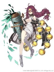 Rule 34 | 1girl, ahoge, bare shoulders, blue eyes, braid, breasts, canister, cannon, coat, dorothy (sinoalice), full body, glasses, highres, ji no, large breasts, long hair, looking at viewer, messy hair, off shoulder, official art, over-rim eyewear, purple hair, semi-rimless eyewear, single leg pantyhose, sinoalice, smile, solo, square enix, torn clothes, torn legwear, underboob, white background