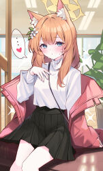 Rule 34 | ..., 1girl, absurdres, animal ear fluff, animal ears, black skirt, blue archive, blue eyes, blush, closed mouth, feet out of frame, fingernails, flower, hair flower, hair ornament, halo, heart, highres, jacket, long hair, mari (blue archive), muo (muojjang 0929), nail polish, orange hair, pink jacket, plant, pleated skirt, potted plant, purple nails, shirt, skirt, solo, spoken ellipsis, sweat, white flower, white shirt, yellow halo