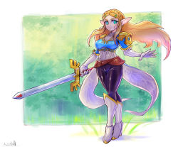 Rule 34 | 1girl, angry, blonde hair, blue eyes, breasts, floating hair, full body, gloves, highres, holding, holding sword, holding weapon, hyrule warriors, hyrule warriors: age of calamity, long hair, looking to the side, nintendo, oomasa teikoku, pointy ears, princess zelda, solo, standing, sword, the legend of zelda, the legend of zelda: breath of the wild, walking, weapon