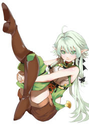 Rule 34 | 10s, 1girl, ahoge, bare arms, bare shoulders, black bow, blaze (blazeillust), boots, bow, brown shorts, cloak, elf, full body, goblin slayer!, green eyes, green hair, hair bow, high elf archer (goblin slayer!), highres, hip vent, hood, hooded cloak, interlocked fingers, leg up, long hair, looking at viewer, low ponytail, pointy ears, shorts, sidelocks, simple background, sleeveless, smile, solo, thigh boots, thighhighs, white background