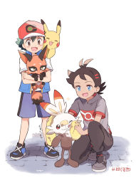 Rule 34 | 2boys, :d, ^ ^, ash ketchum, bad id, bad pixiv id, baseball cap, black footwear, black hair, black pants, black shirt, blouse, blue eyes, blue jacket, blue shorts, brown eyes, cleaning, closed eyes, commentary request, creature, creatures (company), dark-skinned male, dark skin, dirty, episode number, fox, game freak, gen 1 pokemon, gen 8 pokemon, goh (pokemon), grey shirt, hat, highres, holding, holding pokemon, holding towel, jacket, looking at another, male focus, mei (maysroom), multiple boys, nickit, nintendo, one eye closed, on one knee, open mouth, pants, pikachu, pokemon, pokemon (anime), pokemon (creature), pokemon journeys, rabbit, red headwear, road, shirt, shoes, shorts, signature, smile, standing, street, tongue, tongue out, towel, translation request, white background, white shirt