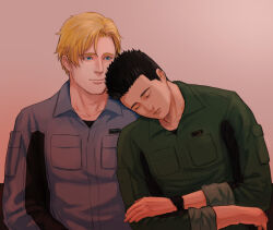 Rule 34 | 2boys, ao isami, black hair, blonde hair, couple, facial hair, heads together, leaning on person, lewis smith, male focus, medium sideburns, multiple boys, nijim, sideburns stubble, sleeping, sleeping on person, stubble, thick eyebrows, upper body, yaoi, yuuki bakuhatsu bang bravern