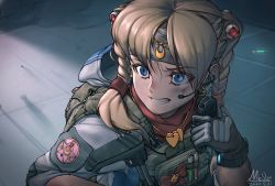 Rule 34 | adapted costume, bad id, bad twitter id, bishoujo senshi sailor moon, blonde hair, blue eyes, braid, crescent, crescent earrings, dated, derivative work, earrings, eyes visible through hair, gun, hair between eyes, headband, heart, heart necklace, highres, jewelry, mcjoajoa, meme, necklace, parted bangs, rifle, sailor moon redraw challenge (meme), screenshot redraw, solo, tactical clothes, tagme, tsukino usagi, twin braids, upper body, weapon