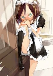 Rule 34 | 1girl, amiami, apron, black legwear, blush, brown hair, female focus, maid, maid apron, maid headdress, original, solo
