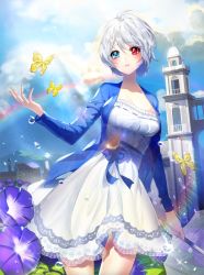 Rule 34 | 1girl, ahoge, animal, blue bow, blue eyes, blush, bow, breasts, bug, building, butterfly, cleavage, cloud, cloudy sky, collar, day, diffraction spikes, dress, eyelashes, flower, glint, grey hair, hair between eyes, hair ears, heterochromia, holding, holding umbrella, insect, iri flina, light particles, light rays, mountain, outdoors, parted lips, purple flower, rainbow, red eyes, sai4898, see-through, short hair, sky, sword girls, transparent, transparent umbrella, umbrella, water drop, white dress, yellow butterfly