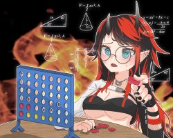Rule 34 | 1girl, @ @, absurdres, bikini, black-framed eyewear, black bikini, black gloves, black hair, blue eyes, blush, breasts, brontidepng, cleavage, connect four, demon girl, demon horns, ear piercing, fingerless gloves, fire, geometry, glasses, gloves, heart, heart necklace, highres, horns, jacket, jewelry, large breasts, long hair, math, math lady (meme), meme, multicolored hair, nanashi inc., necklace, official alternate costume, open mouth, piercing, pointy ears, red hair, round eyewear, ryugasaki rene, ryugasaki rene (2nd costume), shrug (clothing), single glove, single sleeve, solo, sugar lyric, swimsuit, table, two-tone hair, underboob, upper body, virtual youtuber, white jacket, wristband