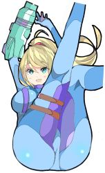 Rule 34 | 1girl, :d, arm cannon, arms up, ass, blonde hair, blue bodysuit, blue eyes, bodysuit, breasts, enpe, hair between eyes, highres, large breasts, legs up, long hair, metroid, mole, mole under mouth, nintendo, open mouth, ponytail, samus aran, simple background, smile, solo, thigh strap, weapon, white background, zero suit