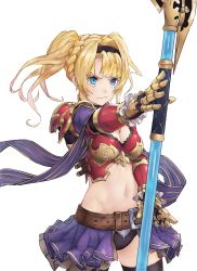 Rule 34 | 1girl, absurdres, armor, axe, battle axe, black hairband, black panties, blonde hair, blue eyes, braid, breasts, cleavage, closed mouth, cowboy shot, cropped torso, floating hair, gauntlets, granblue fantasy, granblue fantasy versus, hair intakes, hairband, highres, holding, holding polearm, holding weapon, kandyy pop, long hair, medium breasts, midriff, navel, panties, pauldrons, polearm, shoulder armor, showgirl skirt, simple background, solo, standing, stomach, underwear, weapon, white background, zeta (granblue fantasy)