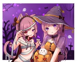 Rule 34 | 2girls, animal ears, bare shoulders, bare tree, border, brooch, cape, cat ears, cat tail, cross, detached collar, dual persona, earrings, fandead (uruha rushia), flat chest, food, food-themed earrings, food-themed hair ornament, food themed earrings, ghost, graveyard, hair ornament, halloween, halloween costume, hands up, heterochromia, highres, holding, holding food, holding pumpkin, holding vegetable, indie utaite, indie virtual youtuber, jack-o&#039;-lantern, jewelry, lace-trimmed collar, lace trim, long hair, mikeneko (vtuber), mikeneko (vtuber) (1st costume), mikeneko (vtuber) (old design), milk tea 1993, multiple girls, mummy costume, nail polish, navel, niconico, pumpkin, pumpkin earrings, pumpkin hair ornament, purple eyes, purple sky, red eyes, sidelocks, sky, spider web background, tail, tree, upper body, vegetable, virtual youtuber, white border, witch