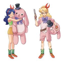 Rule 34 | 2girls, animal costume, blonde hair, blue hair, bow, closed eyes, commentary, crop top, dragon ball, dragon ball (classic), dual persona, english commentary, finger on trigger, green eyes, green tank top, gun, hairband, highres, holding, holding gun, holding stuffed toy, holding weapon, jenxd d, lunch (bad) (dragon ball), lunch (dragon ball), lunch (good) (dragon ball), multiple girls, open mouth, purple bow, rabbit costume, red hairband, shoes, short shorts, shorts, smile, sneakers, stuffed animal, stuffed rabbit, stuffed toy, tank top, v-shaped eyebrows, weapon, x x, yellow shorts