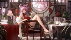 Rule 34 | 1girl, absurdres, alternate costume, animal ear fluff, animal ears, anklet, arknights, barefoot, black pantyhose, blush, bonsai, book, bookshelf, breasts, chair, china dress, chinese clothes, cleavage, cleavage cutout, clock, closed mouth, clothing cutout, commentary request, cup, desk lamp, dress, earrings, eyelashes, feather boa, feet, flower, full body, hair between eyes, hair intakes, hairband, highres, holding, holding cup, indoors, jewelry, lamp, lantern, legs, light smile, lin (arknights), ling dianxia, long hair, long legs, looking at viewer, medium breasts, mouse ears, navel, navel cutout, on chair, pantyhose, paper lantern, pink hair, plant, potted plant, purple eyes, red dress, red hairband, round window, scroll, shelf, sidelocks, single earring, single leg pantyhose, sitting, sleeveless, sleeveless dress, smile, solo, table, tassel, tassel earrings, thigh strap, toes, tree, vase, window