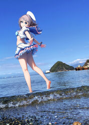 Rule 34 | 1girl, amagi (volfuji), ass, bikini, blue bikini, blue sailor collar, blue sky, breasts, cloud, commentary, cropped jacket, dutch angle, floating hair, foot up, frilled sailor collar, frilled skirt, frills, full body, grey hair, grin, hat, highres, jacket, layered skirt, looking at viewer, looking back, love live!, love live! sunshine!!, medium breasts, medium hair, miniskirt, mountainous horizon, official alternate costume, open clothes, open jacket, outstretched arms, photo background, pleated skirt, polka dot, polka dot bikini, puffy short sleeves, puffy sleeves, sailor collar, short sleeves, skirt, sky, smile, solo, standing, swimsuit, upskirt, wading, watanabe you, white hat, white jacket, white skirt, white wrist cuffs, wrist cuffs