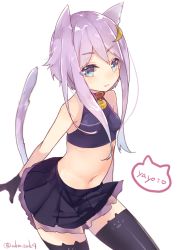 Rule 34 | 10s, 1girl, animal ears, bell, neck bell, blue eyes, cat ears, cat tail, collar, crescent, crescent hair ornament, gloves, hair ornament, kantai collection, long hair, midriff, purple hair, sakofu, short hair with long locks, solo, tail, thighhighs, yayoi (kancolle)