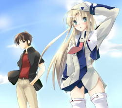 Rule 34 | 1boy, 1girl, :o, belt, beret, black jacket, blue sky, blush, cloud, day, green eyes, hands in pockets, hat, jacket, long hair, long sleeves, looking to the side, necktie, open clothes, open jacket, original, outdoors, pants, parted lips, red necktie, red shirt, shirt, short sleeves, sky, standing, t-shirt, thighhighs, uniform, very long hair, white thighhighs, zettai ryouiki