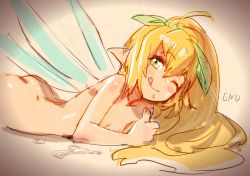 Rule 34 | 1girl, 2015, :q, aftersex, ahoge, ass, blonde hair, blush, bow (bhp), breasts, cum, cum pool, dimples of venus, english text, eyes visible through hair, fairy, from side, green eyes, green ribbon, hair between eyes, hair ribbon, licking lips, long hair, looking at viewer, looking to the side, lying, mini person, minigirl, nipples, nude, on stomach, one eye closed, original, pointy ears, ponytail, ribbon, saliva, shiny skin, sketch, small breasts, smile, solo, tareme, thumbs up, tongue, tongue out, very long hair, wings, wink