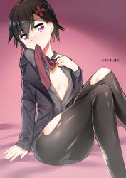 Rule 34 | 1girl, artist name, arusuko, black hair, black pantyhose, blush, breasts, feet out of frame, flower, hair between eyes, hair flower, hair ornament, highres, hondoumachi koharu, id :invaded, mouth hold, necktie, necktie in mouth, pantyhose, pink background, pink eyes, red necktie, sitting, small breasts, solo, torn clothes, torn pantyhose