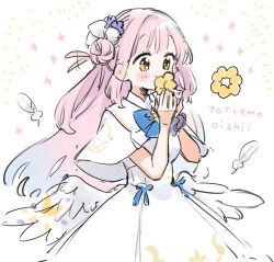 Rule 34 | 1girl, blue archive, blue bow, blue bowtie, blush, bow, bowtie, breasts, capelet, commentary request, cowboy shot, doughnut, dress, eating, feathered wings, feathers, food, hair bun, hair ornament, hair wagging, hands up, highres, holding, holding food, kurihara sakura, long hair, low wings, mika (blue archive), no halo, pink hair, purple scrunchie, romaji text, scrunchie, sidelocks, simple background, single side bun, solo, sparkle, white background, white capelet, white dress, white feathers, white wings, wings, wrist scrunchie, yellow eyes