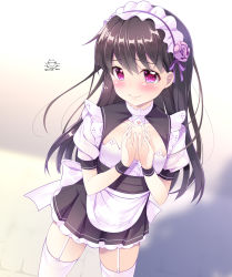 Rule 34 | 1girl, absurdres, alternate costume, black hair, blush, breasts, brown hair, closed mouth, commentary request, enmaided, flower, hair flower, hair ornament, hands up, highres, long hair, maid, natsumiya yuzu, original, pink eyes, purple flower, solo, striped, thighhighs, wristband