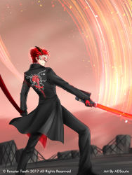 Rule 34 | 1boy, adam taurus, adsouto, black gloves, commentary, english commentary, gloves, glowing, glowing sword, glowing weapon, highres, holding, holding sword, holding weapon, horns, jacket, katana, male focus, mask, official art, red hair, rwby, sheath, shirt, sword, unsheathing, weapon, wilt and blush