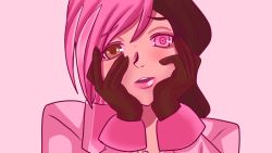 Rule 34 | 1girl, blush, brown eyes, brown hair, female focus, gloves, hands on own cheeks, hands on own face, heterochromia, looking at viewer, multicolored hair, neo politan, pink background, pink eyes, pink hair, pink theme, rwby, simple background, solo, two-tone hair, yandere trance
