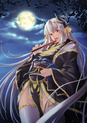 Rule 34 | 1girl, absurdres, black kimono, dragon girl, dragon horns, fang, fate/grand order, fate (series), folding fan, full moon, grey hair, hand fan, highres, holding, holding fan, horns, japanese clothes, kimono, kiyohime (fate), kiyohime (third ascension) (fate), kuromu, long hair, moon, night, night sky, obi, open mouth, outdoors, pelvic curtain, red eyes, sash, sky, solo, thighhighs, white thighhighs