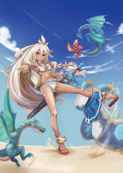 Rule 34 | 10s, 1girl, ahoge, beach, bell (angelicalary), belt, bikini, blue skirt, breasts, cleavage, cloud, dark-skinned female, dark skin, day, dragon, granblue fantasy, head tilt, leg up, long hair, medium breasts, open clothes, open shirt, outstretched arms, pleated skirt, red eyes, sandals, scabbard, sheath, sheathed, shirt, skirt, skirt around one leg, smile, solo, standing, standing on one leg, swimsuit, sword, weapon, white hair, zooey (granblue fantasy), zooey (summer) (granblue fantasy)