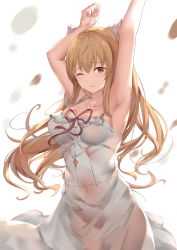Rule 34 | 1girl, armpits, arms up, backlighting, bare arms, bare shoulders, bow, breasts, brown eyes, brown hair, cleavage, collarbone, commentary request, covered navel, cowboy shot, dress, granblue fantasy, groin, hair bow, large breasts, long hair, looking at viewer, one eye closed, red ribbon, revision, ribbon, see-through, smile, solo, spaghetti strap, standing, stretching, suzuame yatsumi, vira (granblue fantasy), white background, white bow, white dress