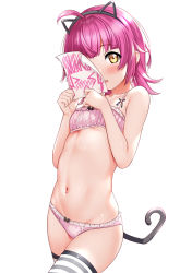 Rule 34 | &gt; &lt;, 1girl, :&lt;, :o, animal ears, antenna hair, bare arms, black bow, blunt bangs, blush, bow, bow bra, bow panties, bra, breasts, cat ears, cat tail, collarbone, commentary request, frill trim, frills, hairband, highres, holding, holding paper, looking at viewer, love live!, love live! nijigasaki high school idol club, love live! school idol festival all stars, medium hair, midriff, navel, open mouth, panties, paper, pink bra, pink hair, pink panties, sankuro (agoitei), simple background, small breasts, solo, striped bra, striped clothes, striped panties, striped thighhighs, tail, tennoji rina, thighhighs, underboob, underwear, underwear only, white background, yellow eyes, | |