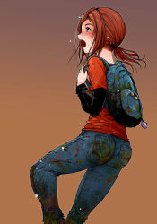 Rule 34 | 10ro, 1girl, ass, backpack, bag, blush, brown background, brown hair, denim, dirty, ellie (the last of us), green eyes, jeans, open mouth, pants, ponytail, solo, surprised, the last of us, the last of us (series)