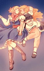 Rule 34 | 2girls, ^ ^, alice margatroid, apron, arm behind head, black dress, black footwear, blonde hair, blue dress, blush, boots, breasts, buttons, closed eyes, commentary, dress, face-to-face, fat, freckles, frilled dress, frills, full body, grin, happy, holding hands, interlocked fingers, kirisame marisa, knee boots, leg up, long hair, mary janes, medium breasts, multiple girls, orz (kagewaka), puffy short sleeves, puffy sleeves, sash, shoes, short hair, short sleeves, sky, smile, socks, star (sky), starry sky, thick thighs, thighs, touhou, waist apron, white legwear, yuri
