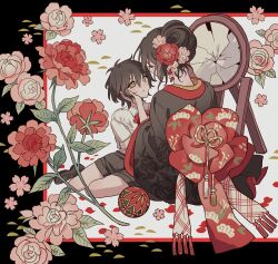 Rule 34 | 1boy, 1girl, aged down, bad id, bad pixiv id, ball, black kimono, broken mirror, brown hair, brown shorts, collared shirt, floral background, floral print kimono, flower, full body, hair flower, hair ornament, hand on another&#039;s face, highres, japanese clothes, kimono, long sleeves, looking at another, maya (slow damage), meremero, mirror, mother and son, petals, pink flower, pink rose, red flower, rose, rose petals, sash, shirt, short hair, shorts, sitting, slow damage, temari ball, towa (slow damage), white shirt, yellow eyes