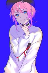Rule 34 | 1boy, :3, amemura ramuda, baseball cap, black choker, black hat, blue background, blue eyes, choker, closed mouth, commentary request, finger to cheek, hat, head tilt, hypnosis mic, long sleeves, looking at viewer, male focus, multicolored eyes, multicolored hair, orange eyes, pink hair, short hair, sidelocks, simple background, smile, solo, streaked hair, sweater, trap, upper body, white hair, white sweater, yuraiko