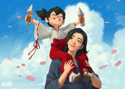 Rule 34 | 2girls, aged down, black hair, blizzard (company), blue kimono, blue sky, brown eyes, brown footwear, carrying, closed eyes, cloud, commentary, company name, english commentary, geta, grin, hakama, highres, holding, holding weapon, japanese clothes, kimono, kiriko (overwatch), kunai, lace-trimmed sleeves, lace trim, looking at another, looking up, medium hair, mother and daughter, multiple girls, nail polish, official art, overwatch, overwatch 2, petals, red hakama, red lips, red nails, red ribbon, ribbon, sandals, short hair, shoulder carry, sky, smile, socks, tabi, topknot, weapon, white kimono, white socks, wide sleeves, will murai, yamagami asa, zouri