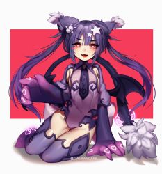Rule 34 | 1girl, :d, animal ears, animal hands, blush, blush stickers, bow, commentary, demon wings, eyes visible through hair, familiar (monster girl encyclopedia), fang, hair ornament, hairclip, large bow, leotard, long hair, looking at viewer, monster girl, monster girl encyclopedia, open mouth, purple hair, red eyes, simple background, sitting, smile, solo, star-shaped pupils, star (symbol), star hair ornament, symbol-shaped pupils, tail, terupancake, thigh gap, twintails, twitter username, very long hair, white bow, wings, yokozuwari