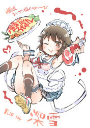 Rule 34 | 10s, 1girl, ;p, armpits, black hair, blue skirt, blush, character name, food, kantai collection, ketchup, looking at viewer, maid headdress, miyuki (kancolle), one eye closed, outstretched arm, plate, pleated skirt, short hair, simple background, skirt, sodapop (iemaki), solo, tongue, tongue out, white background