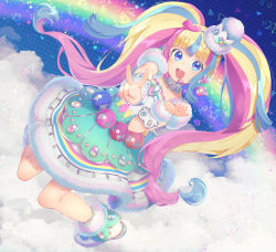 Rule 34 | 1girl, absurdres, bare shoulders, blonde hair, blue dress, blue eyes, blue hair, blunt bangs, blush, boots, cloud, crown, daia (pri chan), detached collar, dress, fur trim, headset, highres, huge filesize, idol, jumping, kiratto pri chan, long hair, looking at viewer, mini crown, multicolored eyes, multicolored hair, multicolored nails, nail polish, open mouth, pink hair, pretty series, rainbow, rainbow eyes, smile, solo, twintails, v, very long hair, white footwear, yupiteru