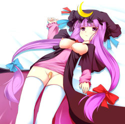 Rule 34 | 1girl, bad id, bad pixiv id, bandaid, bandaid on pussy, bed, breasts, female focus, hat, large breasts, long hair, nipples, no bra, no panties, patchouli knowledge, purple hair, ribbon, small areolae, solo, thighhighs, touhou, twintails, very long hair, yako