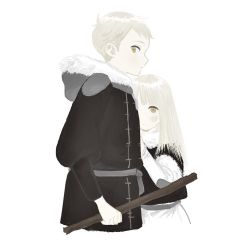 Rule 34 | 1boy, 1girl, aged down, black coat, blush, brother and sister, child, clinging, coat, cropped torso, dress, dungeon meshi, falin touden, falin touden (tallman), frs2, fur-trimmed hood, fur-trimmed sleeves, fur trim, grey hair, hiding, hiding behind another, holding, holding stick, hood, hood down, hooded coat, laios touden, layered sleeves, long hair, long sleeves, looking at viewer, looking up, one eye covered, profile, puffy long sleeves, puffy sleeves, shirt, short hair, short over long sleeves, short sleeves, siblings, sideways glance, simple background, stick, stitches, straight hair, turtleneck, unusually open eyes, white background, white dress, white shirt, winter clothes, winter coat, yellow eyes