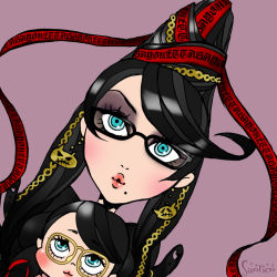 Rule 34 | 2girls, bayonetta, bayonetta (series), beehive hairdo, black-framed eyewear, black hair, blue eyes, cereza, child, dual persona, dutch angle, glasses, long hair, looking at another, looking at viewer, looking up, makeup, mole, mole under mouth, multiple girls, puckered lips, simple background