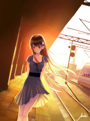 Rule 34 | 10s, 1girl, absurdres, arms behind back, black hair, collarbone, dress, hair ornament, highres, long hair, looking at viewer, outdoors, red eyes, sanka rea, sankarea, signature, solo, sundress
