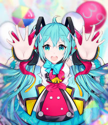 Rule 34 | 1girl, :d, ahoge, arm up, blue bow, blue eyes, blue hair, bow, bowtie, detached sleeves, from above, hair between eyes, hair ribbon, hatsune miku, highres, long hair, long skirt, looking at viewer, magical mirai miku, magical mirai miku (2018), open mouth, red bow, ribbon, shirt, skirt, sleeveless, sleeveless shirt, smile, solo, twintails, very long hair, vocaloid, white ribbon, white shirt, yellow bow