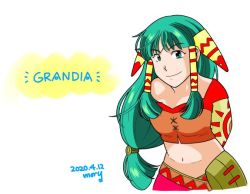 Rule 34 | 1girl, artist name, breasts, closed mouth, copyright name, dated, feena (grandia), grandia, grandia i, green eyes, green hair, hair ornament, hair tubes, jewelry, long hair, looking at viewer, low-tied long hair, midriff, moryanncha, navel, necklace, simple background, skirt, smile, solo, white background