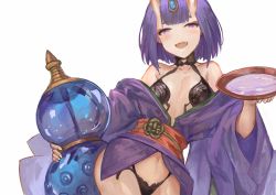 Rule 34 | 1girl, :d, absurdres, akizone, alcohol, bare shoulders, bob cut, bottle, breasts, choker, commentary, contrapposto, cowboy shot, cup, eyelashes, fangs, fate/grand order, fate (series), fingernails, gem, hair ornament, highres, holding, holding bottle, holding cup, horns, japanese clothes, kimono, looking at viewer, navel, obi, off shoulder, oni, open mouth, purple eyes, purple hair, revealing clothes, sakazuki, sake, sash, short hair, shuten douji (fate), simple background, sketch, skin-covered horns, small breasts, smile, solo, standing, white background, wide sleeves