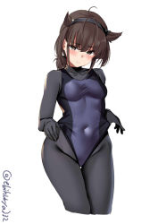 Rule 34 | 1girl, alternate costume, black bodysuit, black headband, black one-piece swimsuit, blush, bodysuit, breasts, brown hair, clothes pull, collarbone, competition swimsuit, cowboy shot, ebifurya, hachimaki, hair between eyes, hair flaps, hairband, hatsuzuki (kancolle), headband, highleg, highleg swimsuit, highres, kantai collection, looking at viewer, one-piece swimsuit, one-piece swimsuit pull, pantyhose, pantyhose under swimsuit, purple one-piece swimsuit, short hair, simple background, small breasts, solo, swimsuit, twitter username, white background, yellow eyes