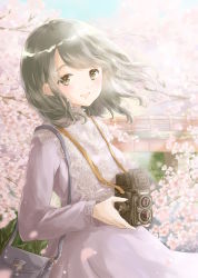 Rule 34 | 1girl, absurdres, bag, black hair, blurry, branch, brand name imitation, bridge, brown eyes, camera, cherry blossoms, commentary, day, depth of field, dress, flower, hair blowing, handbag, high collar, highres, holding, holding camera, hoshiibara mato, lace, lace-trimmed dress, lace trim, leaning back, light particles, long sleeves, looking at viewer, medium hair, open mouth, original, outdoors, petals, purple dress, sleeve cuffs, solo, spring (season), standing, swept bangs, thick eyebrows, twin-lens reflex camera, upper body, wind