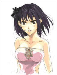 Rule 34 | 1girl, bare shoulders, black hair, breasts, cleavage, covered erect nipples, grey eyes, morii shizuki, short hair, solo