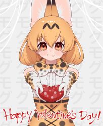 Rule 34 | 1girl, animal ears, belt, blonde hair, bow, bowtie, cat ears, cat girl, chocolate, elbow gloves, extra ears, gloves, grey background, heart, highres, kemono friends, looking at viewer, notora, serval (kemono friends), serval print, shirt, short hair, simple background, skirt, sleeveless, sleeveless shirt, solo, valentine, yellow eyes