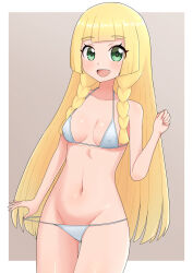 Rule 34 | 1girl, :d, bare arms, bikini, bikini pull, blonde hair, blunt bangs, blush, border, breasts, brown background, clothes pull, collarbone, commentary request, covered erect nipples, cowboy shot, creatures (company), eyelashes, game freak, green eyes, hand up, highres, lillie (pokemon), long hair, looking at viewer, medium breasts, navel, nintendo, open mouth, pokemon, pokemon sm, ppmmkoko360, shiny skin, smile, solo, swimsuit, teeth, tongue, upper teeth only, white border