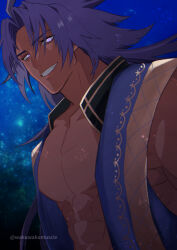 Rule 34 | 1boy, abs, bara, bare pectorals, bhima (fate), dark-skinned male, dark skin, fate/grand order, fate (series), glowing, glowing eyes, grin, highres, large pectorals, long hair, looking at viewer, male focus, muscular, muscular male, pectorals, purple eyes, purple hair, smile, solo, thick eyebrows, upper body, vest, wakuwakumuscle